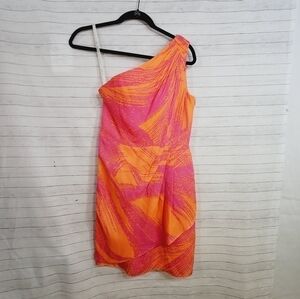 SHOSHANNA ONE SHOULDER FIT & FLARE ORANGE & PINK DRESS, SZ 0